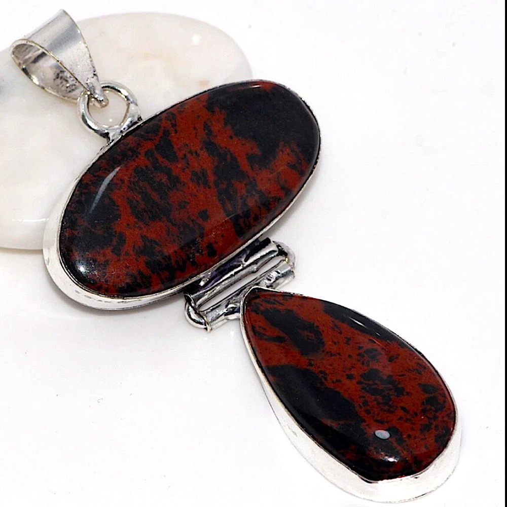 Sterling Silver Mahogany Obsidian Gemstone Pendant Necklace Ethic Boho Tribal